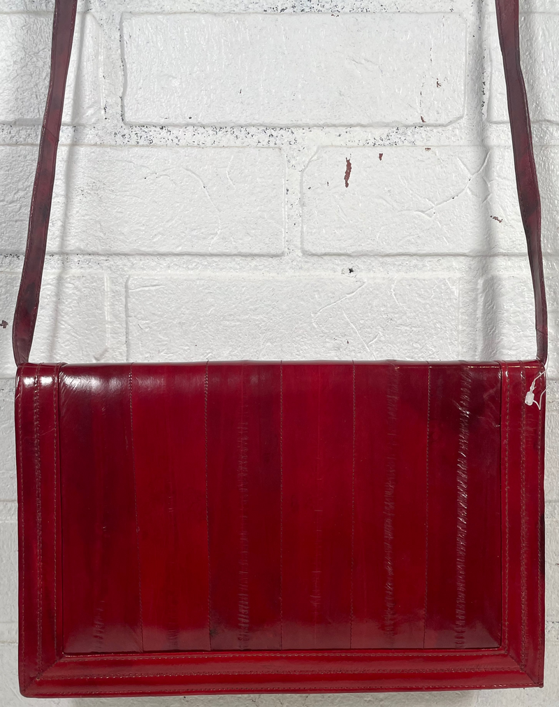 Burgundy Red Eel Skin Rectangular Shaped Shoulder Bag Clutch Purse