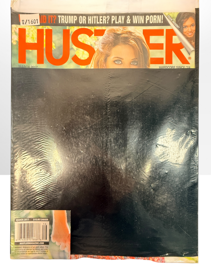 Sealed March 2017 Hustler Magazine Canadian edition. Original unopened adult collectible with opaque retail wrapping and visible Canadian cover price.