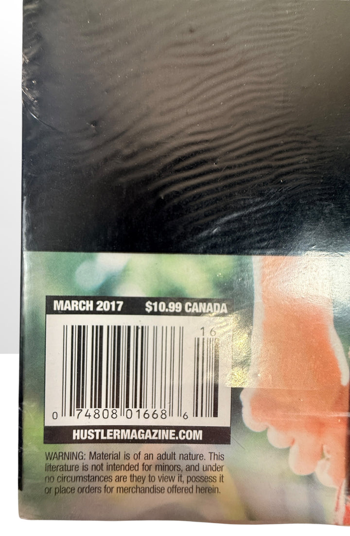 Sealed March 2017 Hustler Magazine Canadian edition. Original unopened adult collectible with opaque retail wrapping and visible Canadian cover price.