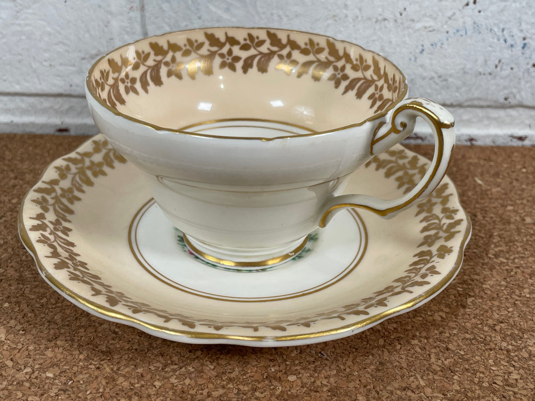 Vintage Foley 1850 EB England Porcelain Tea Cup and Saucer with Gold Accents