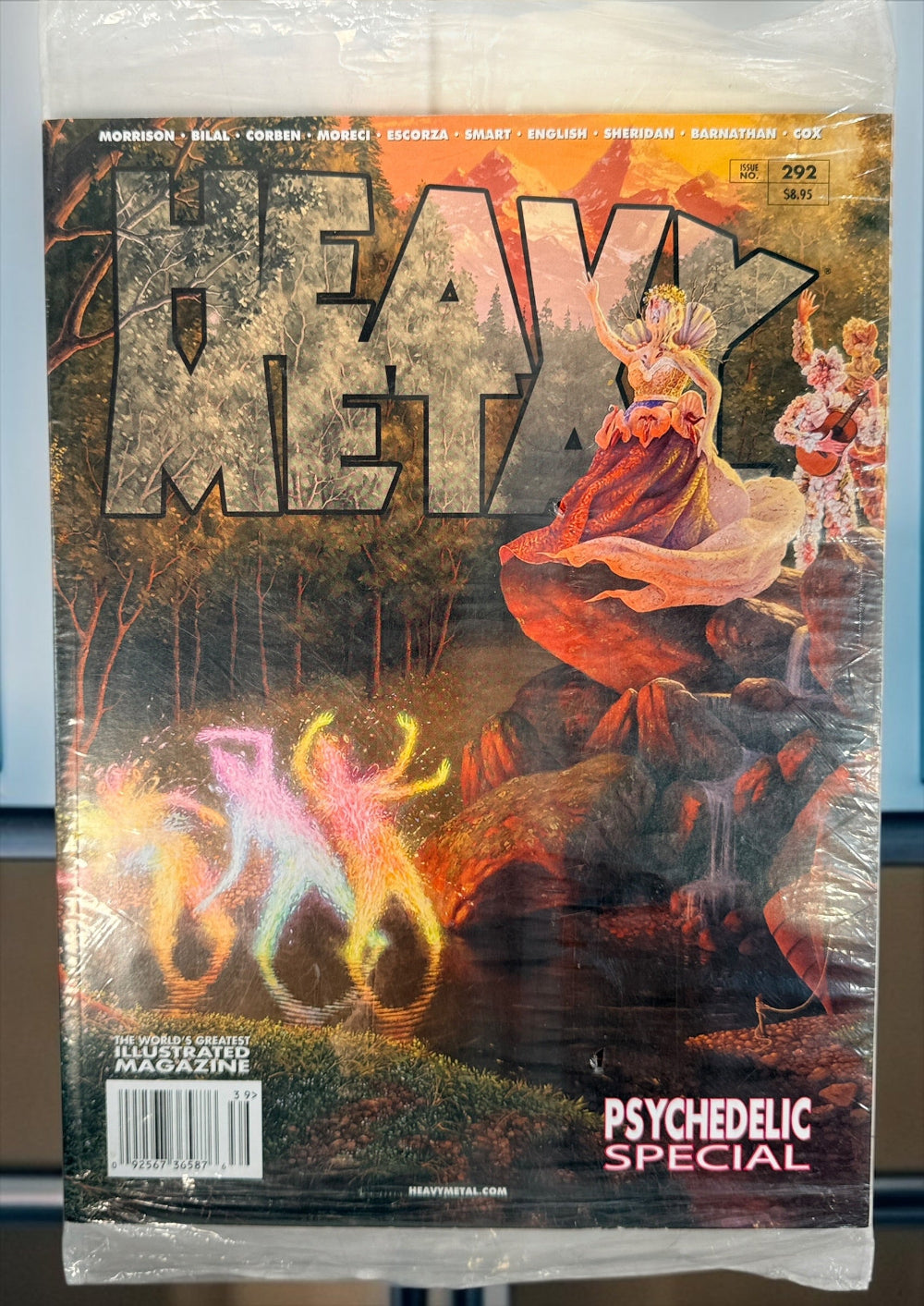 Heavy Metal Magazine #292 Psychedelic Special, 2019, featuring Adrian Cox cover art. Sealed collectible issue with Morrison, Bilal, Corben and more.