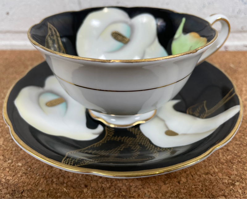 Wako Cup & Saucer Bone China Occupied Japan Matt Black Floral