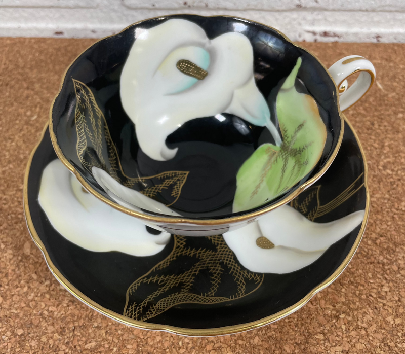 Wako Cup & Saucer Bone China Occupied Japan Matt Black Floral