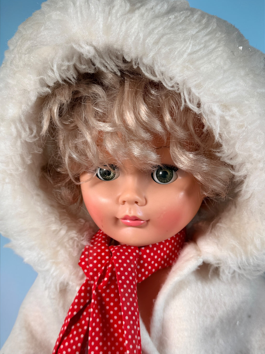 Vintage 32 inch Regal doll made in Canada, 1970s vinyl play doll with sleep eyes and rooted hair. Large nostalgic display piece in good condition.