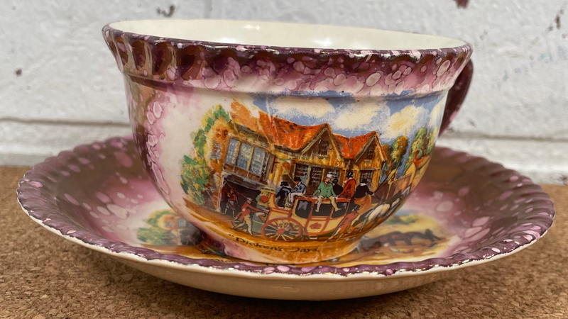 Gray's Pottery - 'Dicken's Days' - Purple Lustre Teacup and Saucer