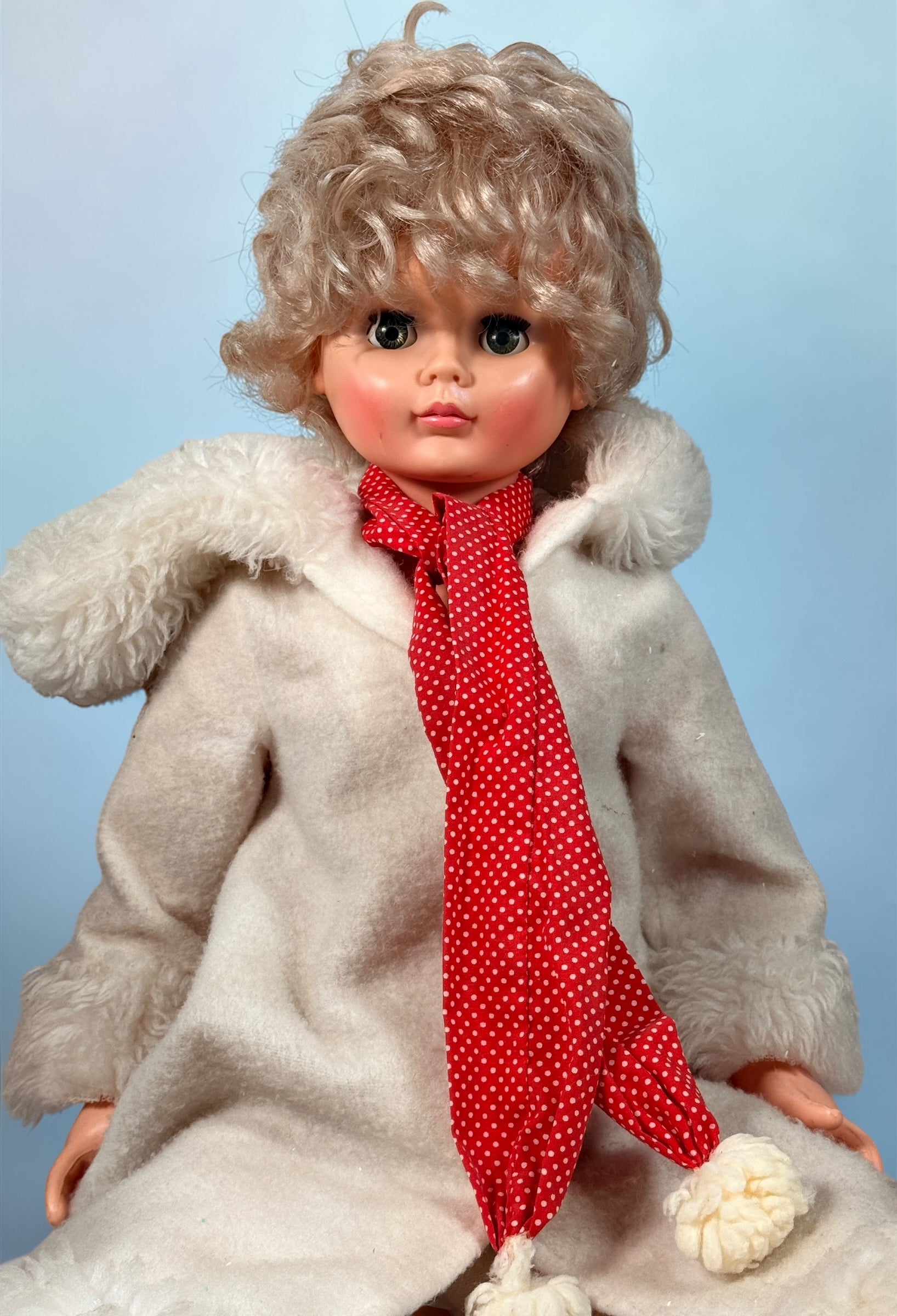 Vintage 32 inch Regal doll made in Canada, 1970s vinyl play doll with sleep eyes and rooted hair. Large nostalgic display piece in good condition.