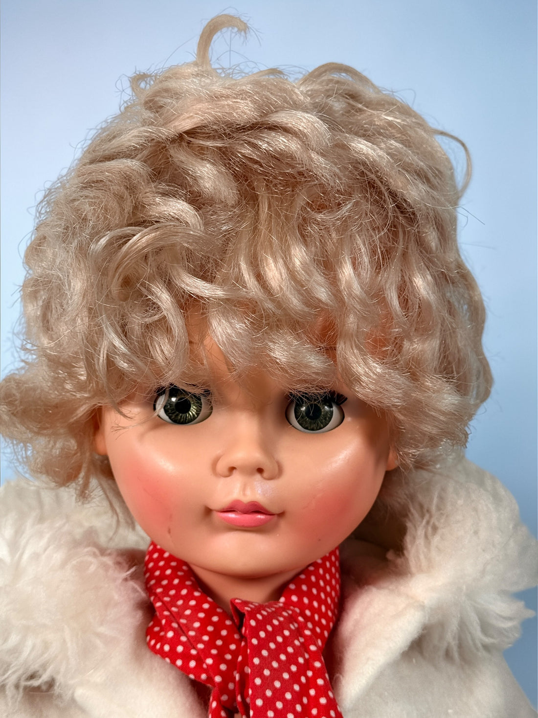 Vintage 32 inch Regal doll made in Canada, 1970s vinyl play doll with sleep eyes and rooted hair. Large nostalgic display piece in good condition.