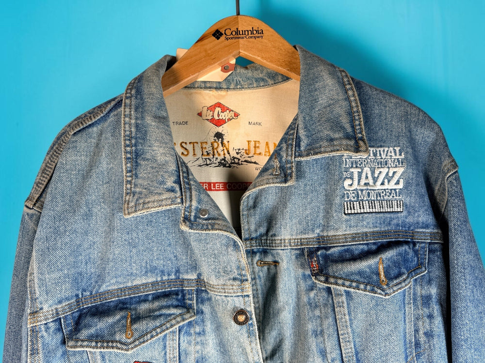 Vintage Lee Cooper Montreal Jazz Festival denim jacket, size M. Made in Canada with embroidered front and back jazz festival graphics.