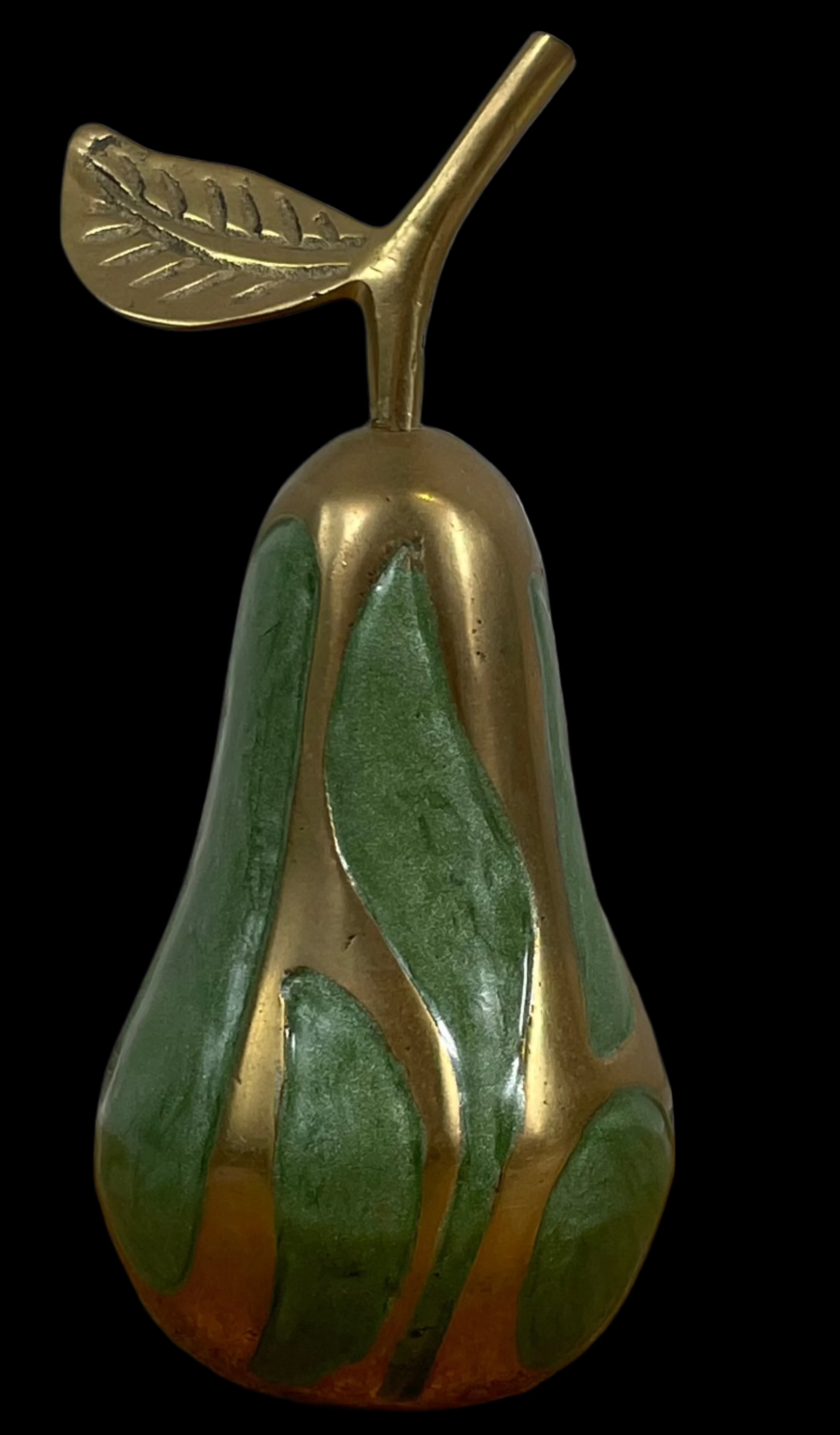 Vintage Pear Figurine Gold Brass Green Enamel Paperweight Home Decor Fruit