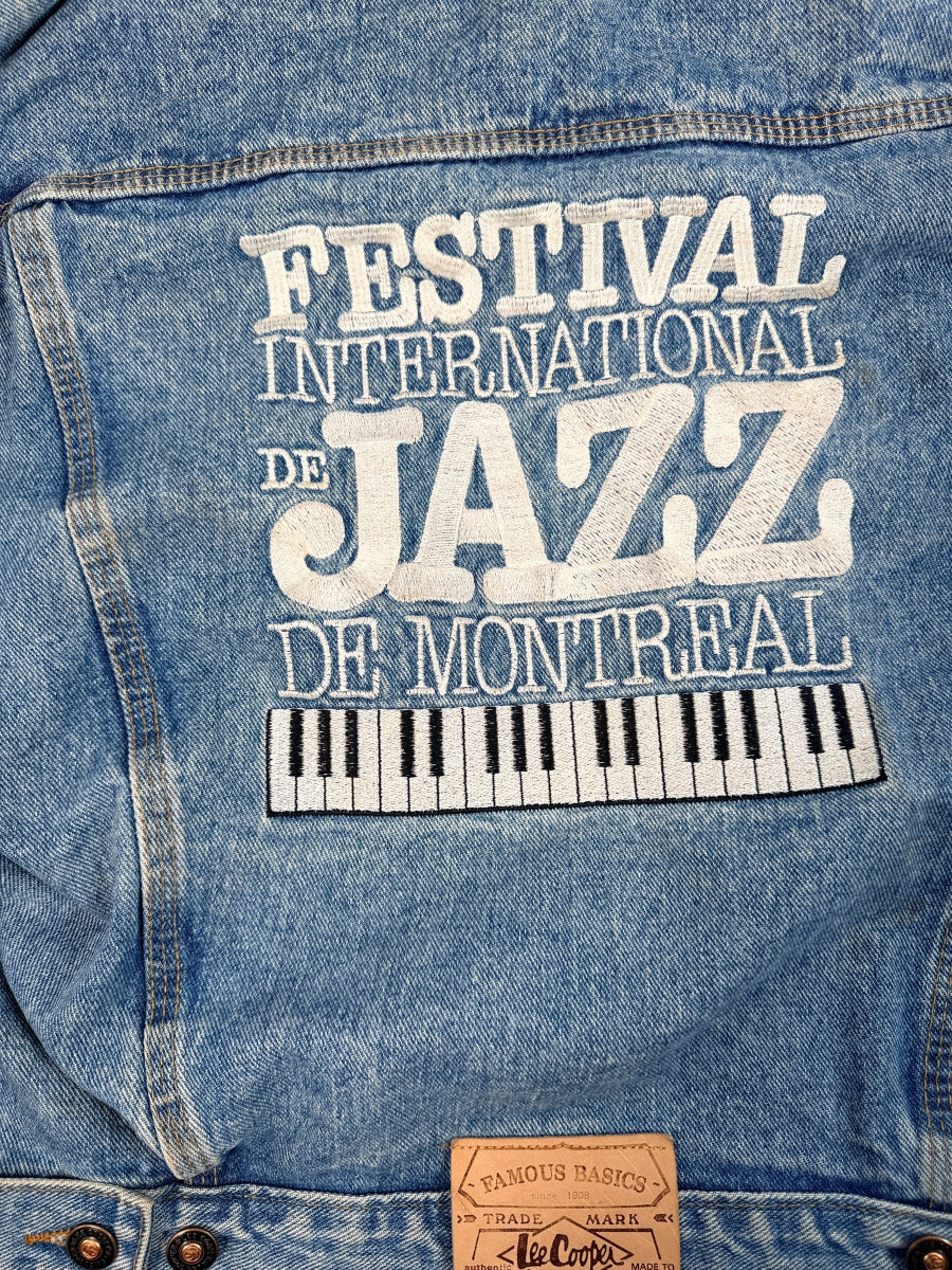 Vintage Lee Cooper Montreal Jazz Festival denim jacket, size M. Made in Canada with embroidered front and back jazz festival graphics.