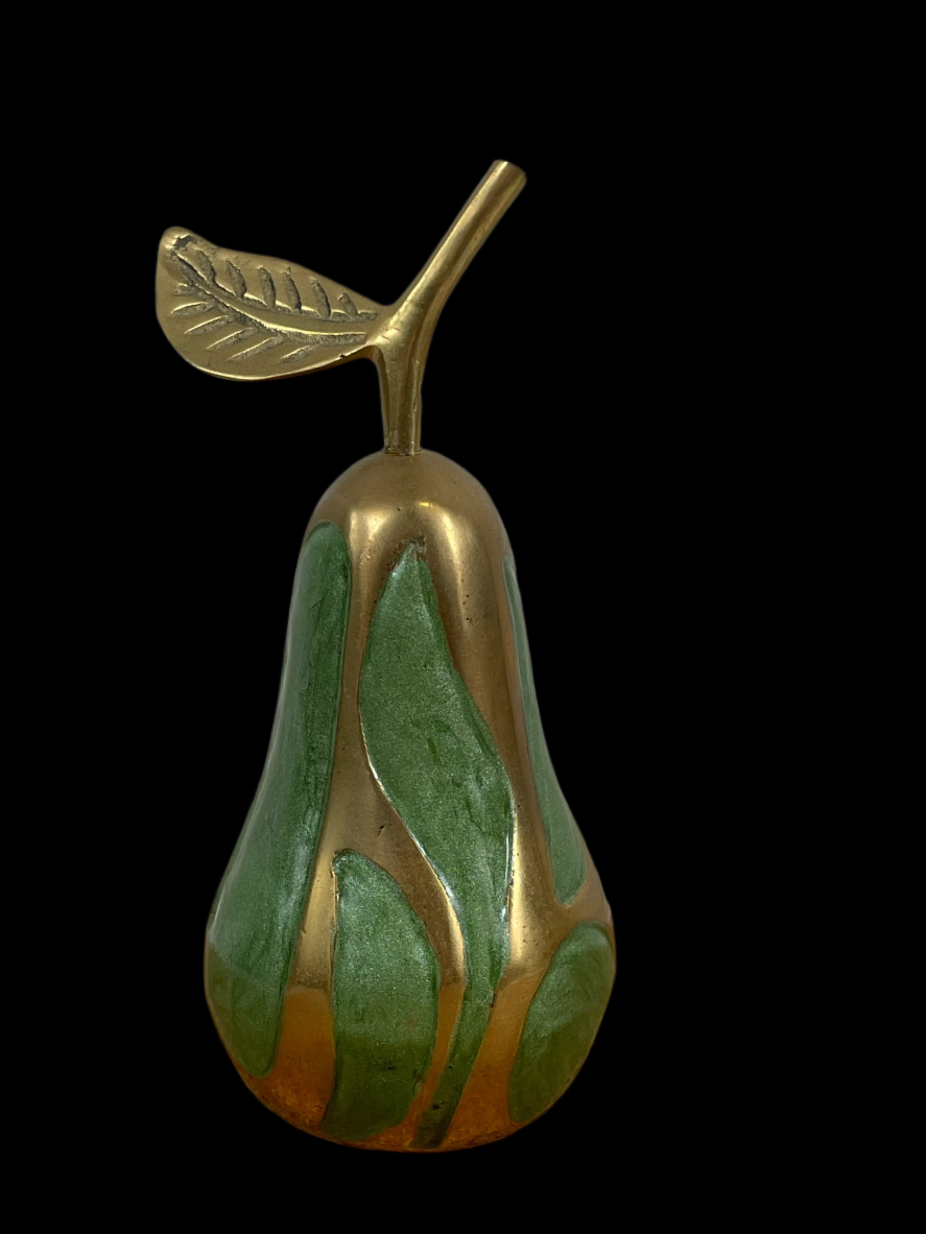Vintage Pear Figurine Gold Brass Green Enamel Paperweight Home Decor Fruit