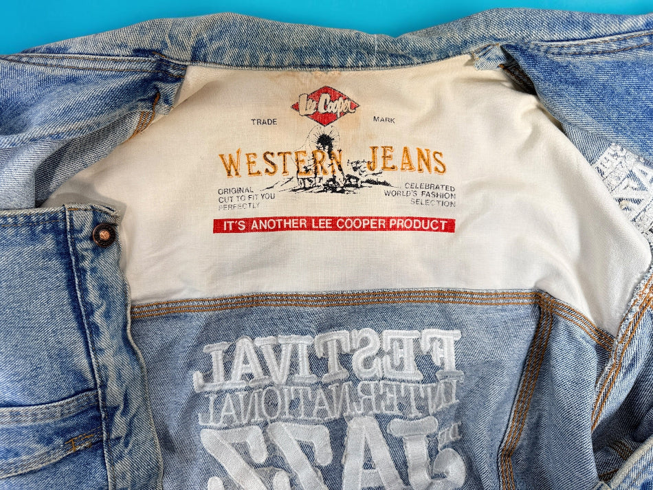 Vintage Lee Cooper Montreal Jazz Festival denim jacket, size M. Made in Canada with embroidered front and back jazz festival graphics.