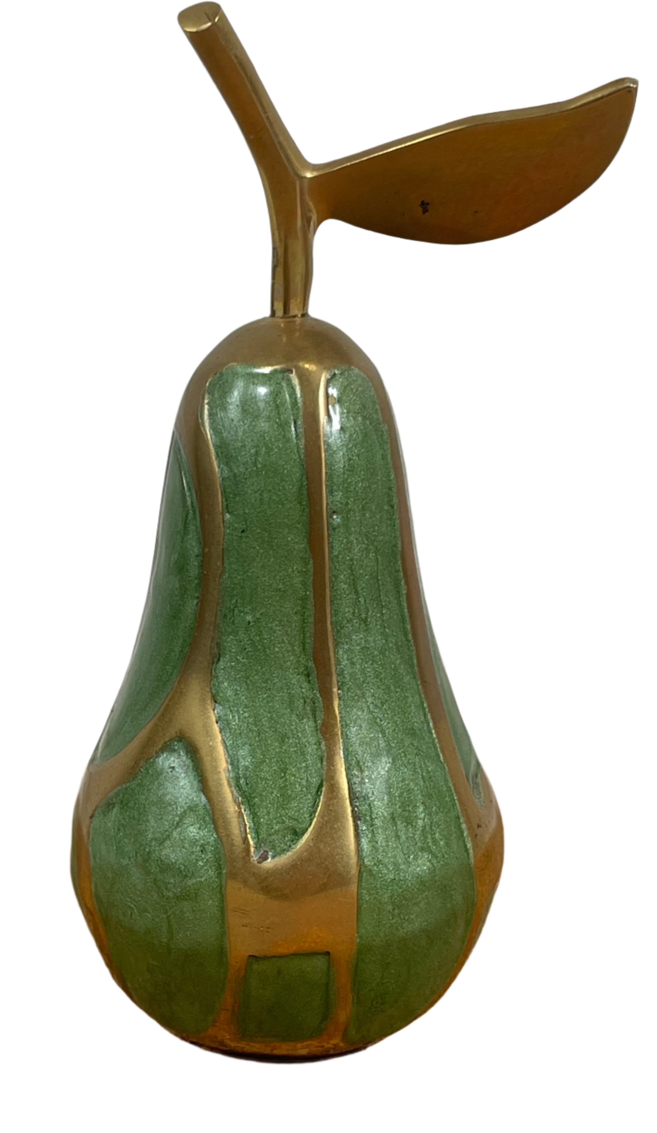 Vintage Pear Figurine Gold Brass Green Enamel Paperweight Home Decor Fruit
