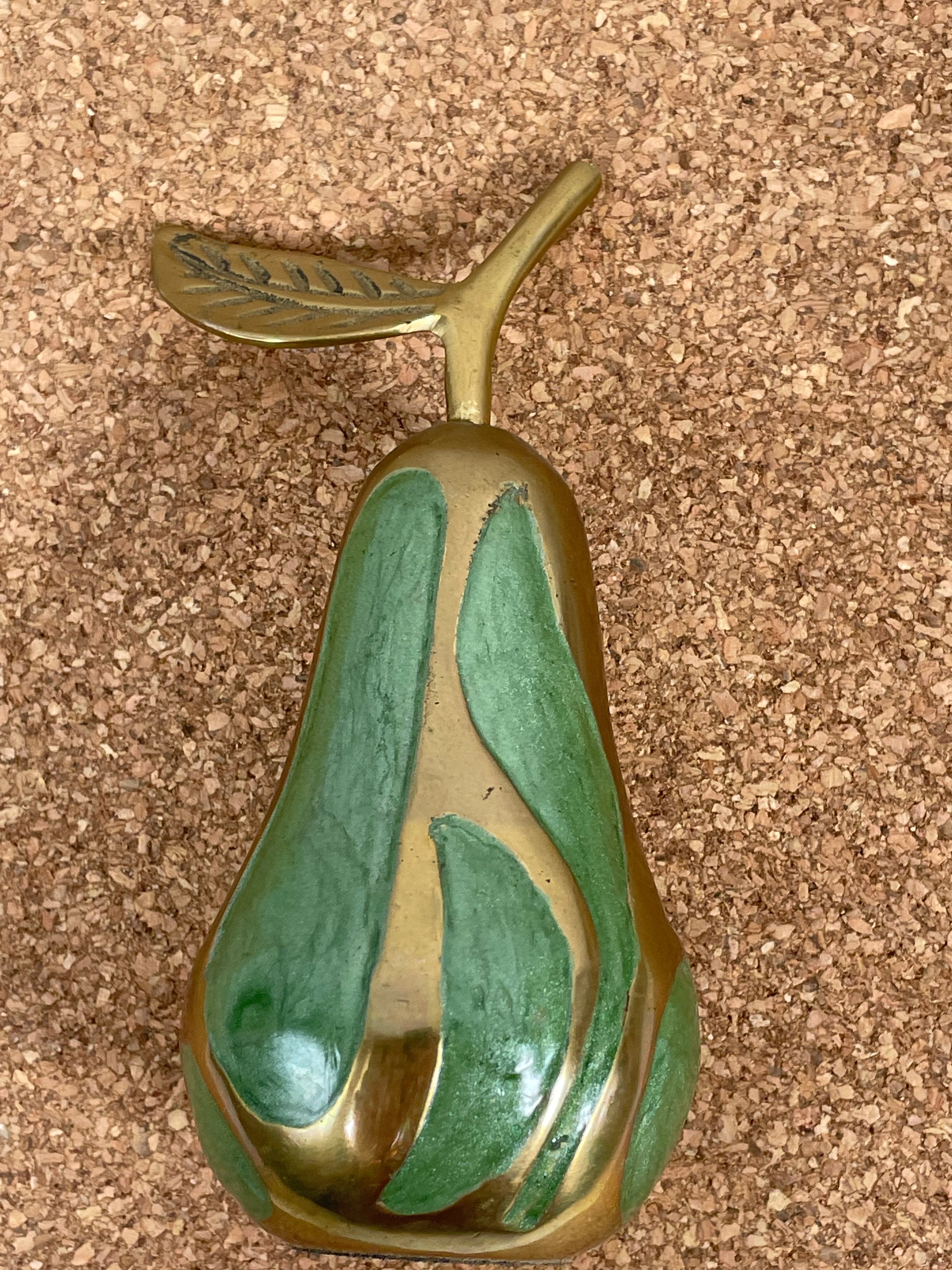Vintage Pear Figurine Gold Brass Green Enamel Paperweight Home Decor Fruit
