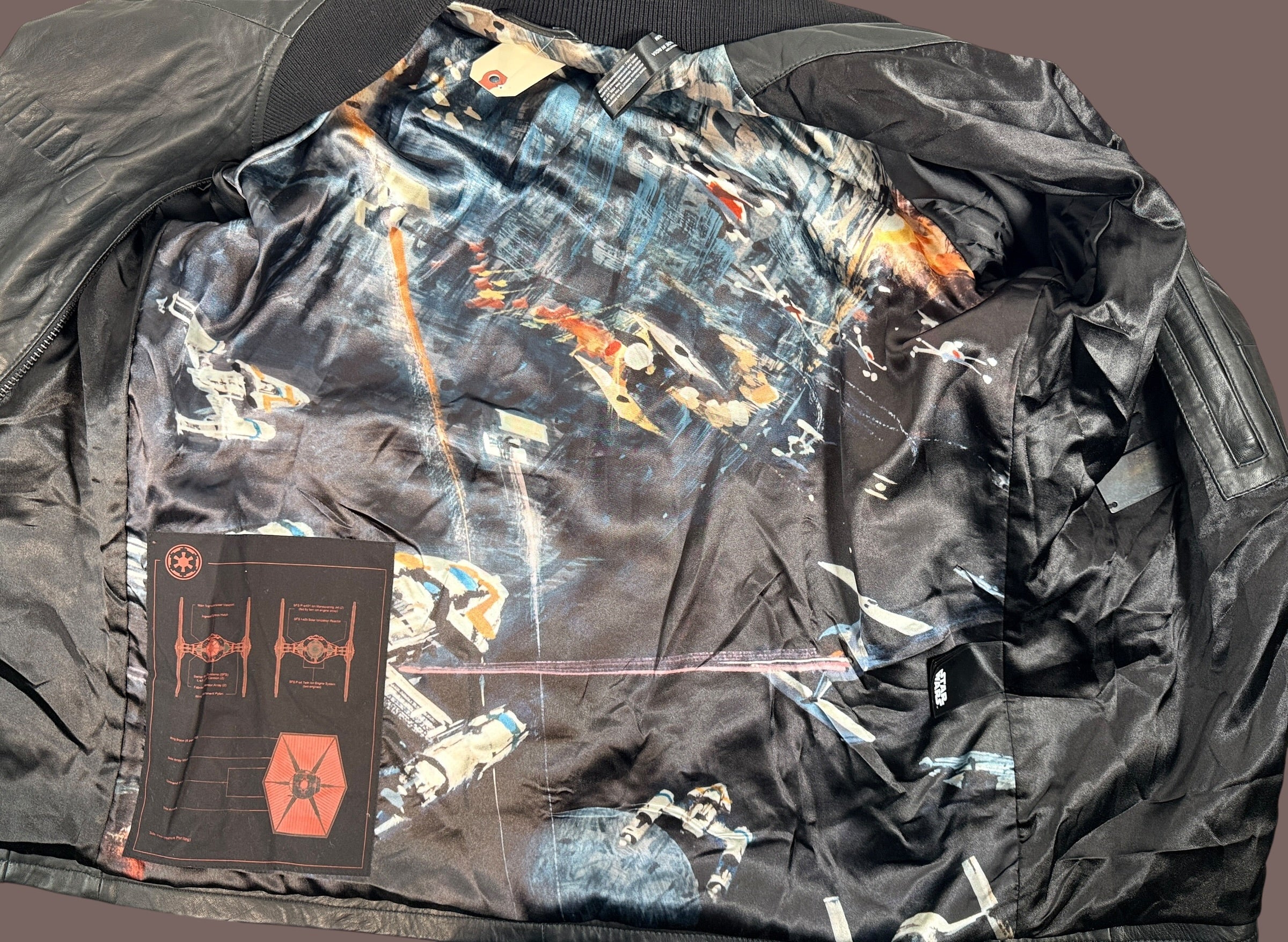 Musterbrand Star Wars TIE Pilot limited edition lamb leather jacket, size M, serialized #0033 with TIE Fighter artwork lining. Official licensed collectible.