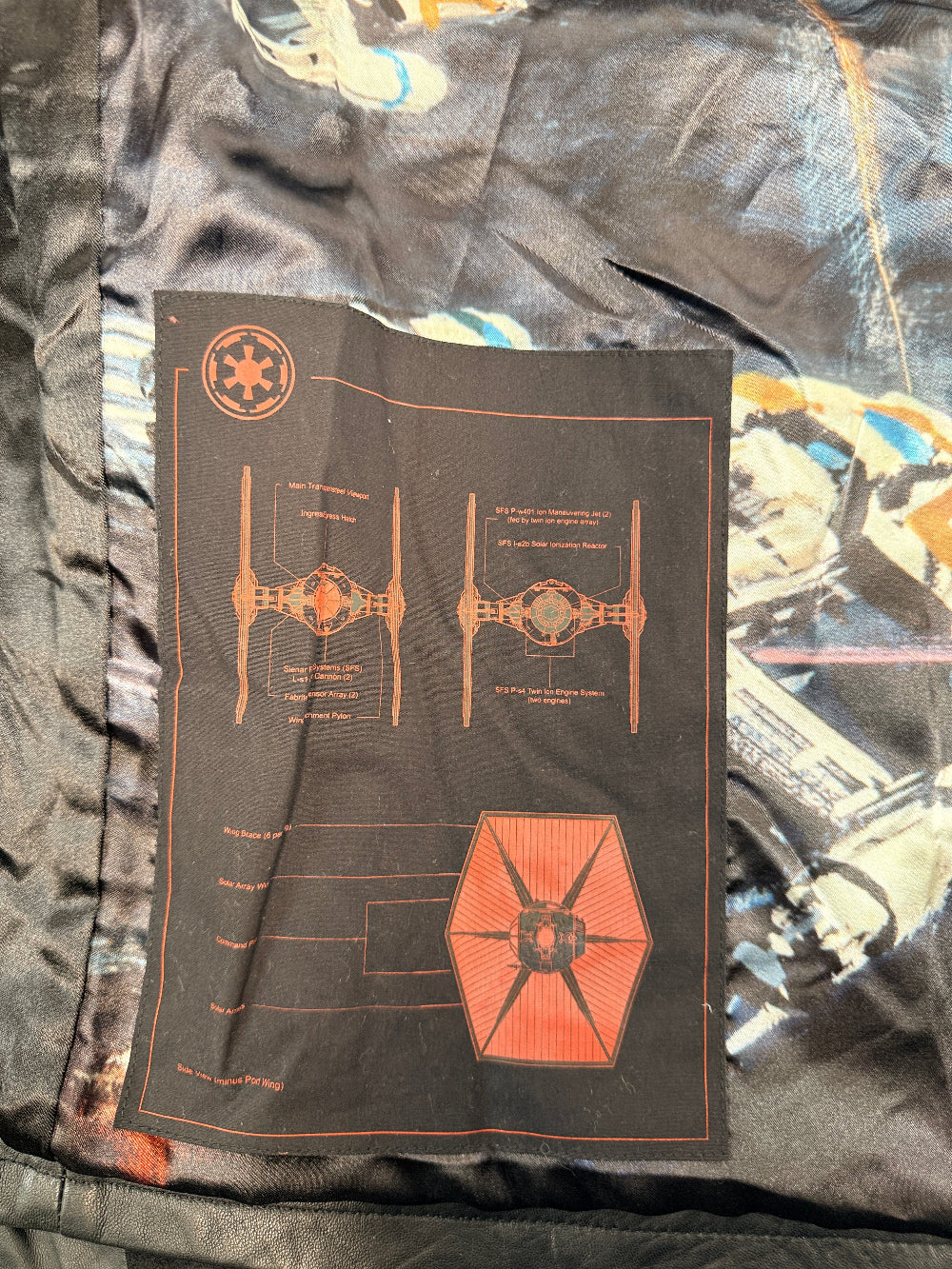 Musterbrand Star Wars TIE Pilot limited edition lamb leather jacket, size M, serialized #0033 with TIE Fighter artwork lining. Official licensed collectible.