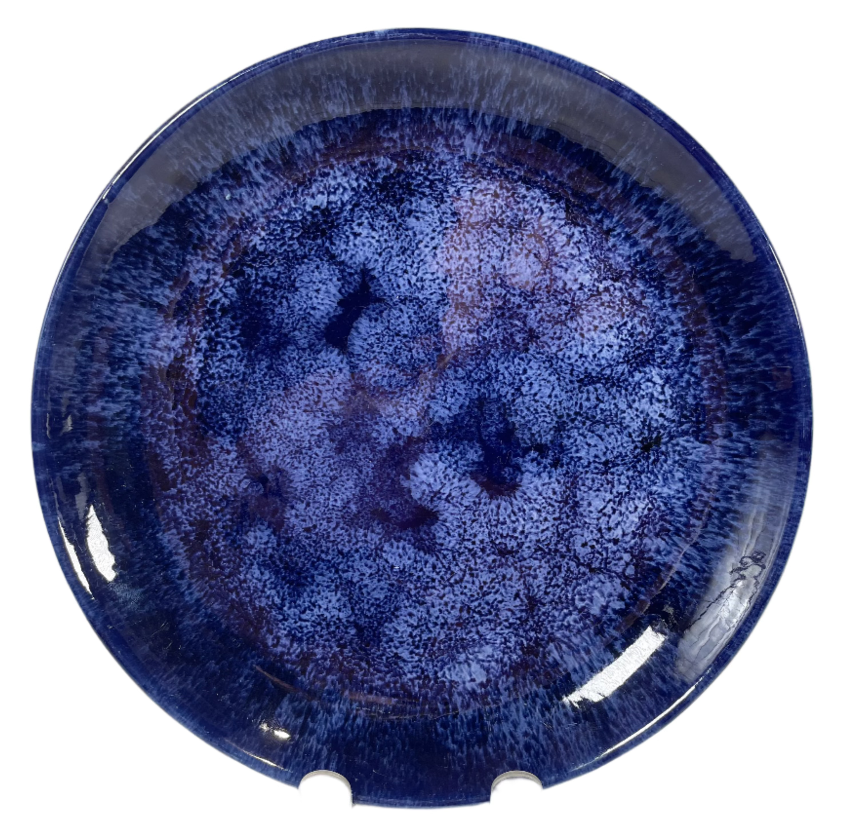 Assiette en céramique d'art de Beauce, glaçure marbrée bleu cobalt, assiette vintage 10", signée