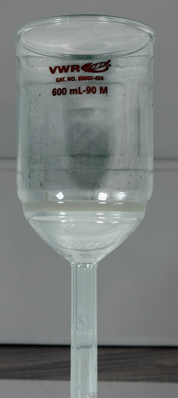 VWR 600mL 90mm vacuum filtration glass reservoir, lab borosilicate filtration funnel for microbiology, brewing, and water testing applications, clean used unit.