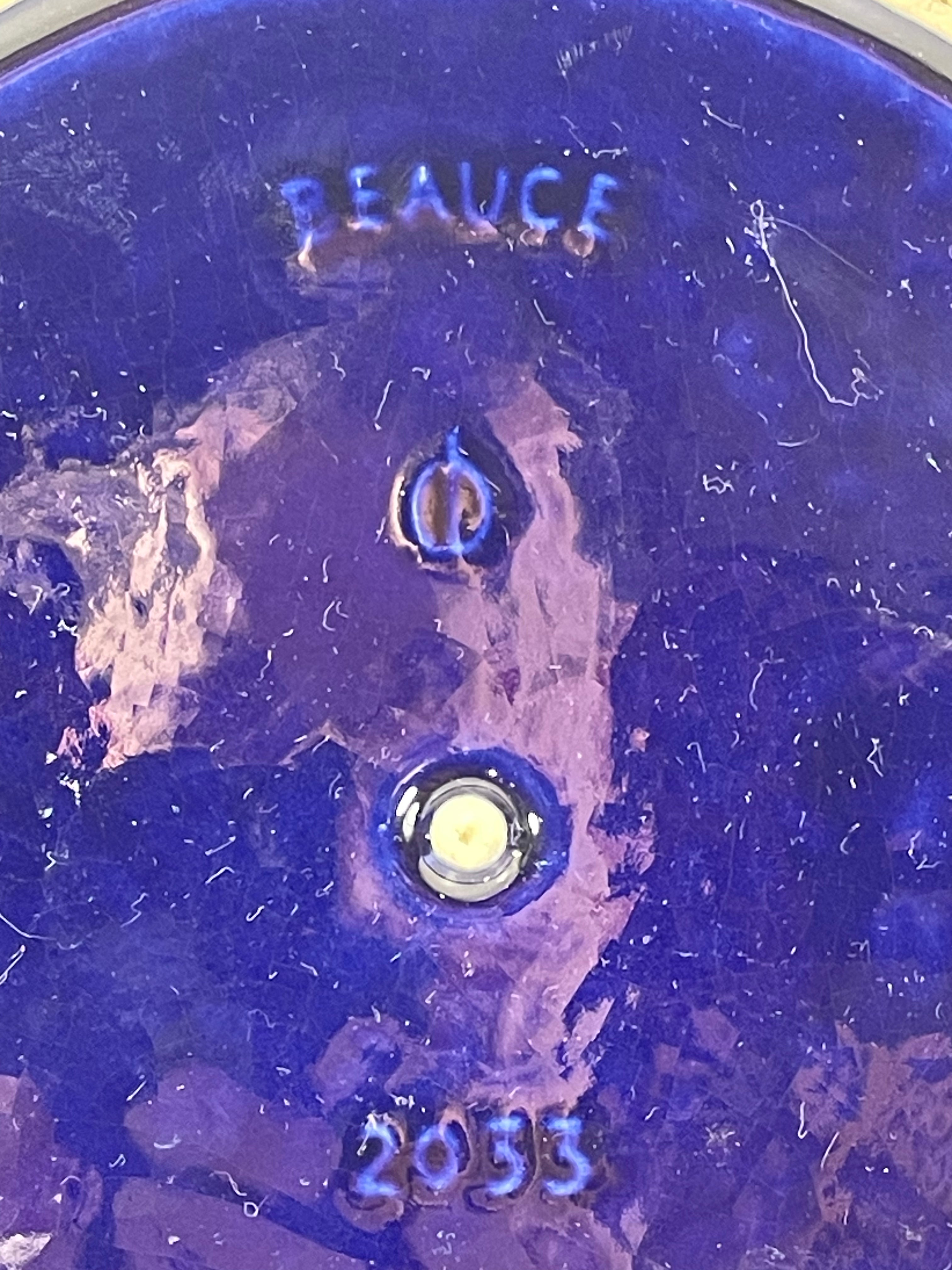 Assiette en céramique d'art de Beauce, glaçure marbrée bleu cobalt, assiette vintage 10", signée