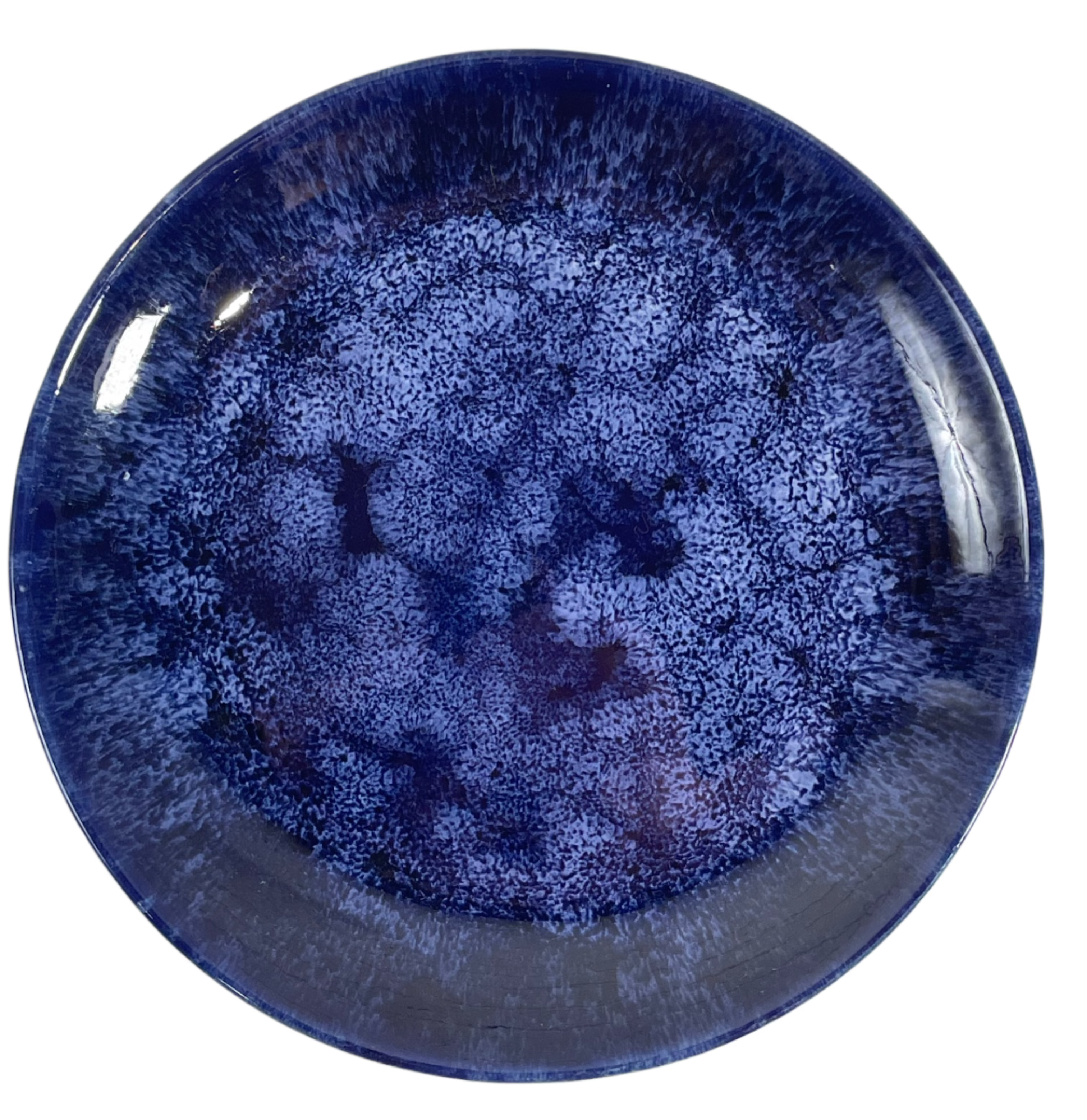 Assiette en céramique d'art de Beauce, glaçure marbrée bleu cobalt, assiette vintage 10", signée