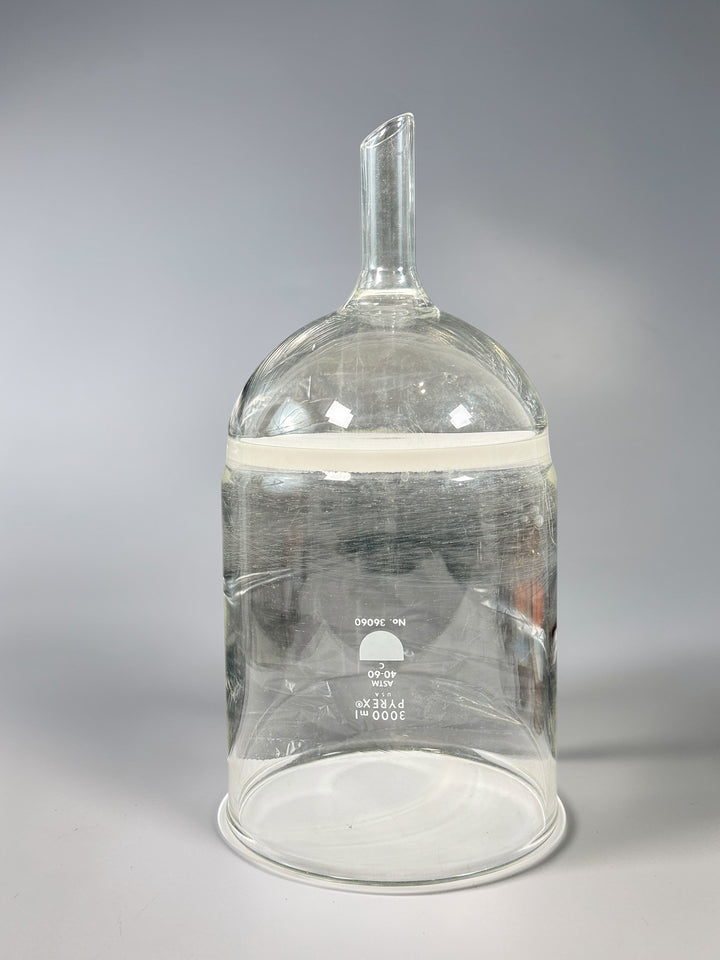 Vintage Pyrex 3000ml laboratory bell jar glass dome. Industrial lab decor, scientific collectible borosilicate glass cloche display piece.