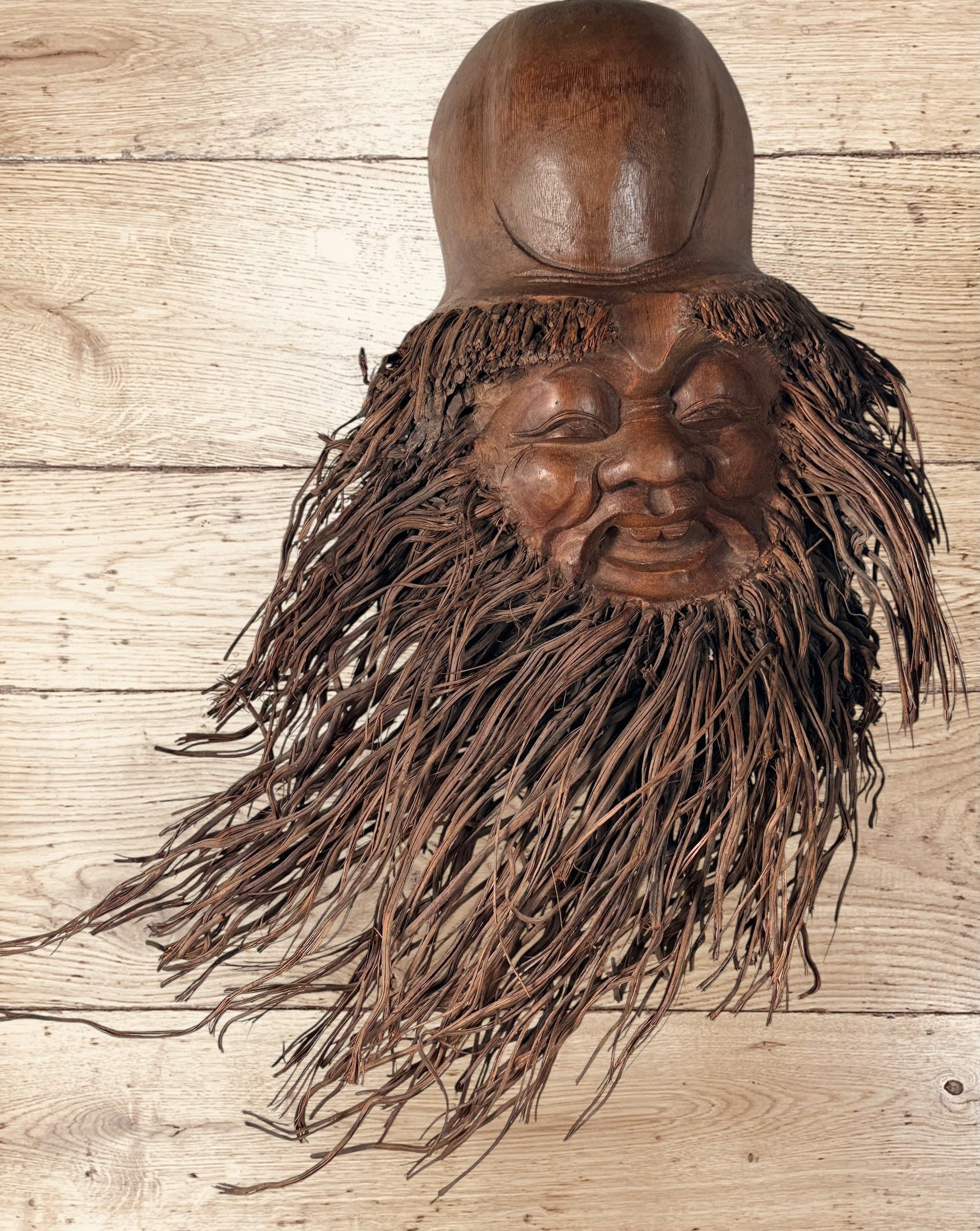 Vintage Chinese bamboo root Shou Lao carving, longevity god wall sculpture, Asian folk art décor, natural root beard, collectible statement piece.