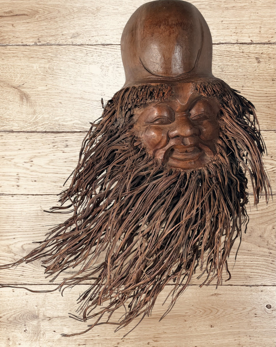 Vintage Chinese bamboo root Shou Lao carving, longevity god wall sculpture, Asian folk art décor, natural root beard, collectible statement piece.