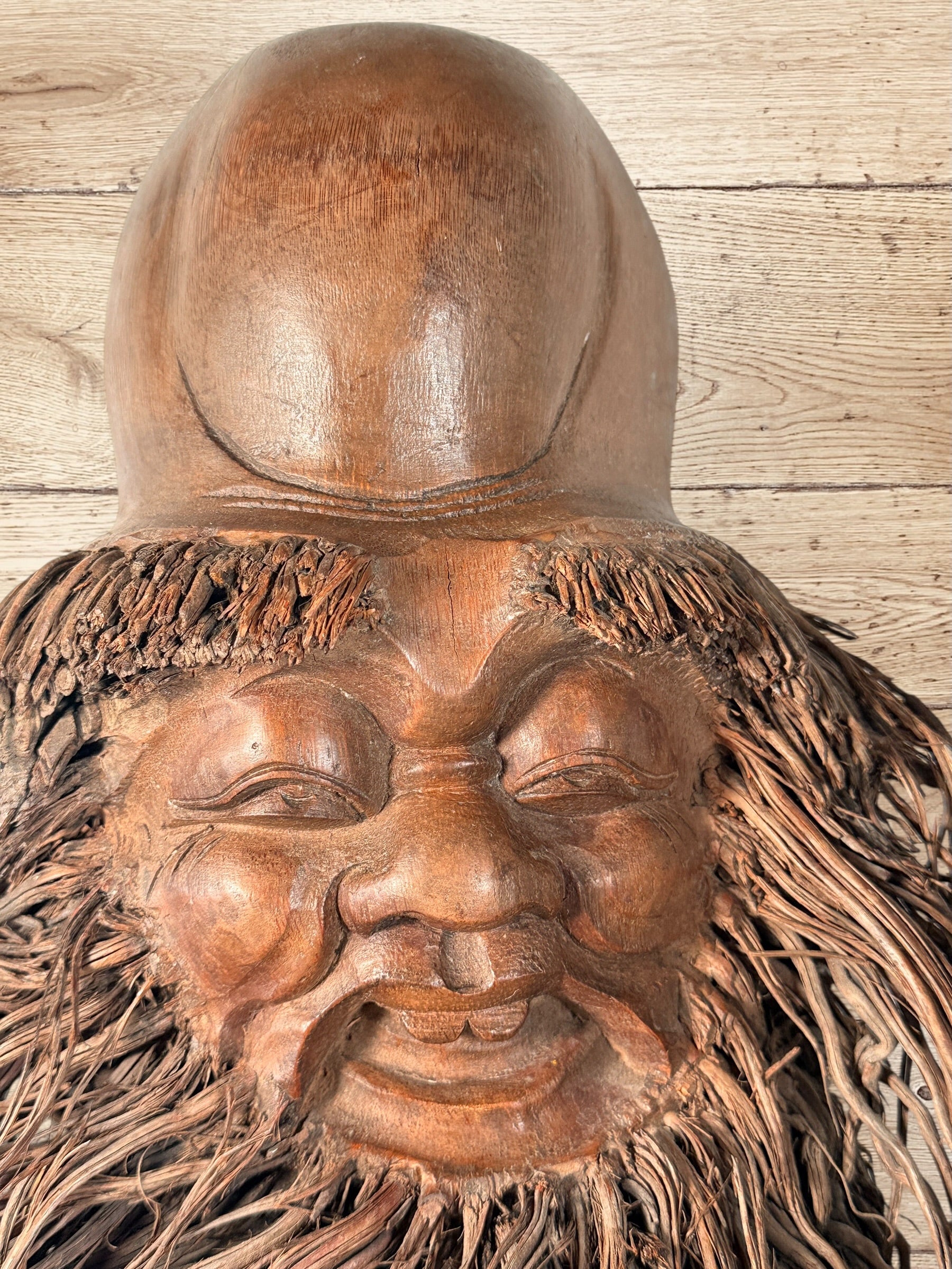 Vintage Chinese bamboo root Shou Lao carving, longevity god wall sculpture, Asian folk art décor, natural root beard, collectible statement piece.
