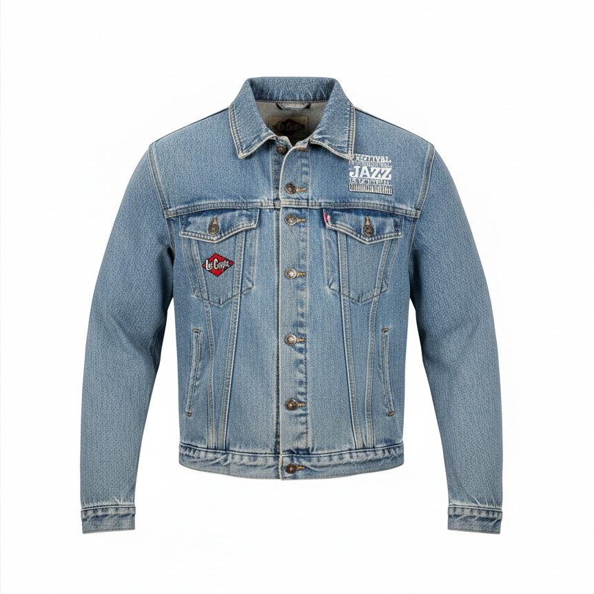 Vintage Lee Cooper Montreal Jazz Festival denim jacket, size M. Made in Canada with embroidered front and back jazz festival graphics.