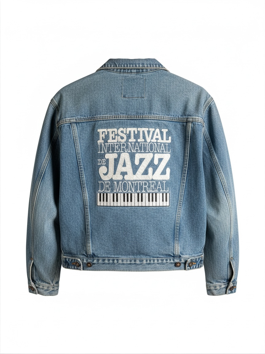 Vintage Lee Cooper Montreal Jazz Festival denim jacket, size M. Made in Canada with embroidered front and back jazz festival graphics.