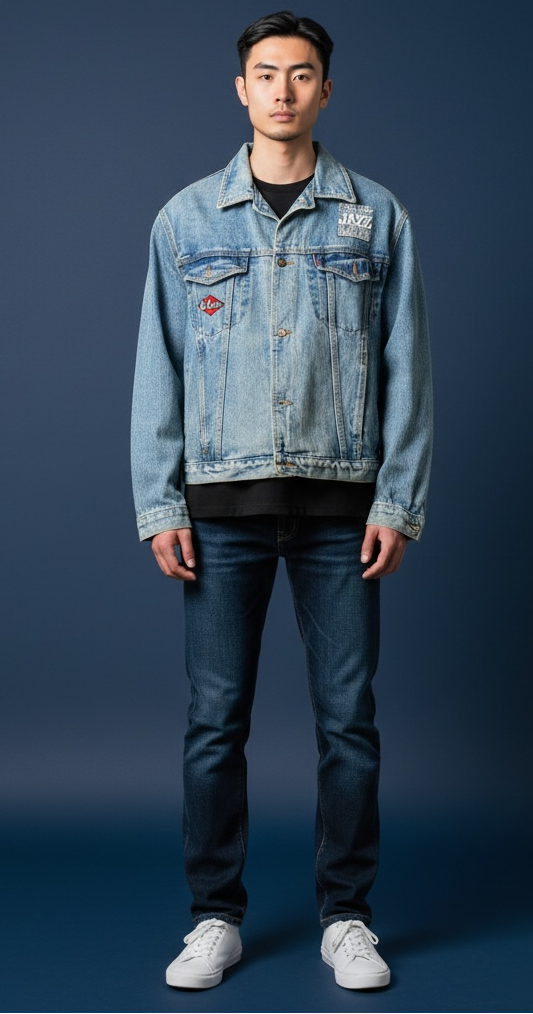 Vintage Lee Cooper Montreal Jazz Festival denim jacket, size M. Made in Canada with embroidered front and back jazz festival graphics.