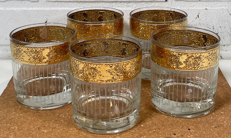 5 Vintage Culver Tyrol Glass Hollywood Regency Gold Rocks Low Ball Tumbler