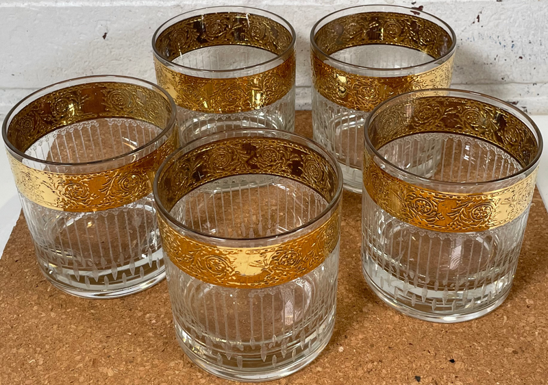 5 Vintage Culver Tyrol Glass Hollywood Regency Gold Rocks Low Ball Tumbler