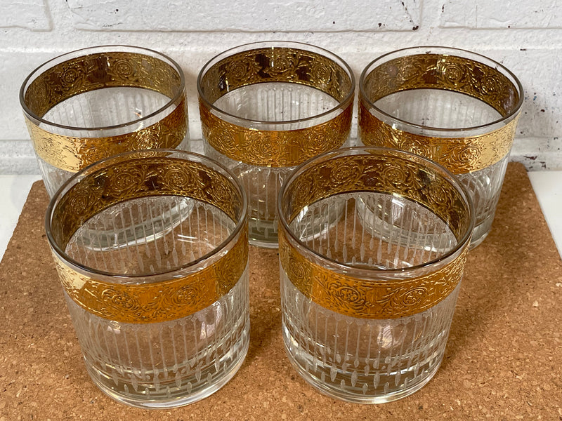 5 Vintage Culver Tyrol Glass Hollywood Regency Gold Rocks Low Ball Tumbler