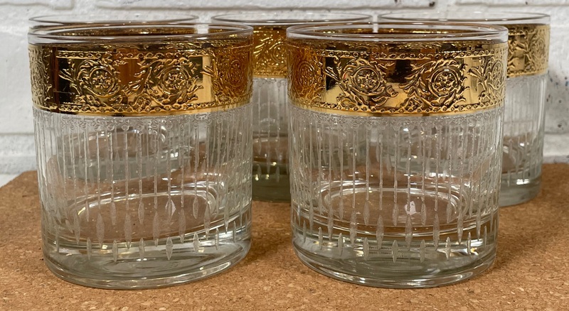 5 Vintage Culver Tyrol Glass Hollywood Regency Gold Rocks Low Ball Tumbler