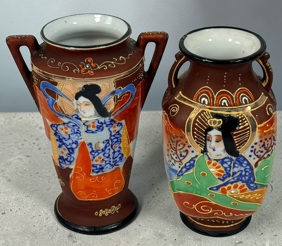 Vintage Japanese moriage geisha vase pair, 1920s–30s export ceramics with raised enamel detail. Decorative Asian décor collectible in good vintage condition.