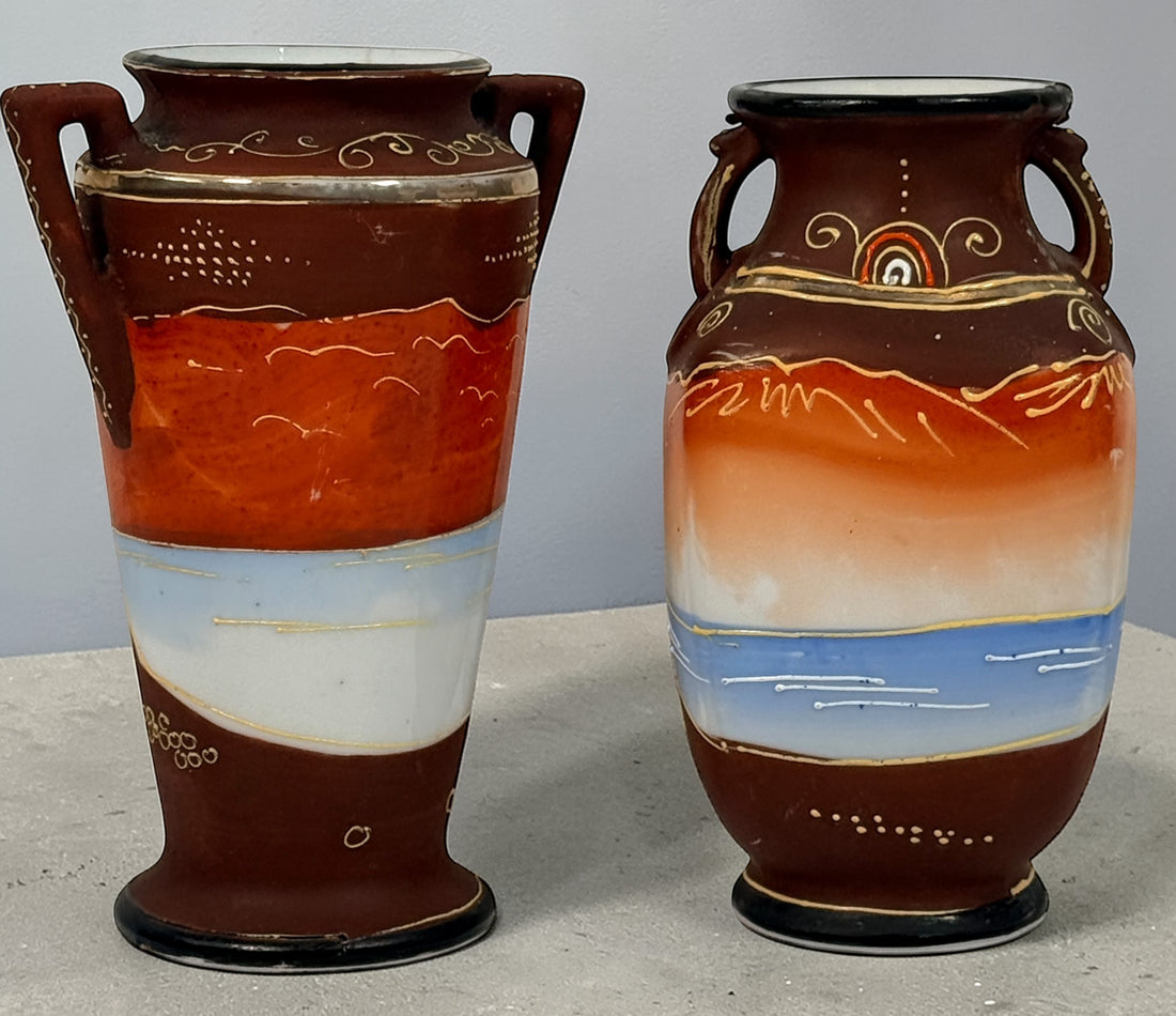Vintage Japanese moriage geisha vase pair, 1920s–30s export ceramics with raised enamel detail. Decorative Asian décor collectible in good vintage condition.