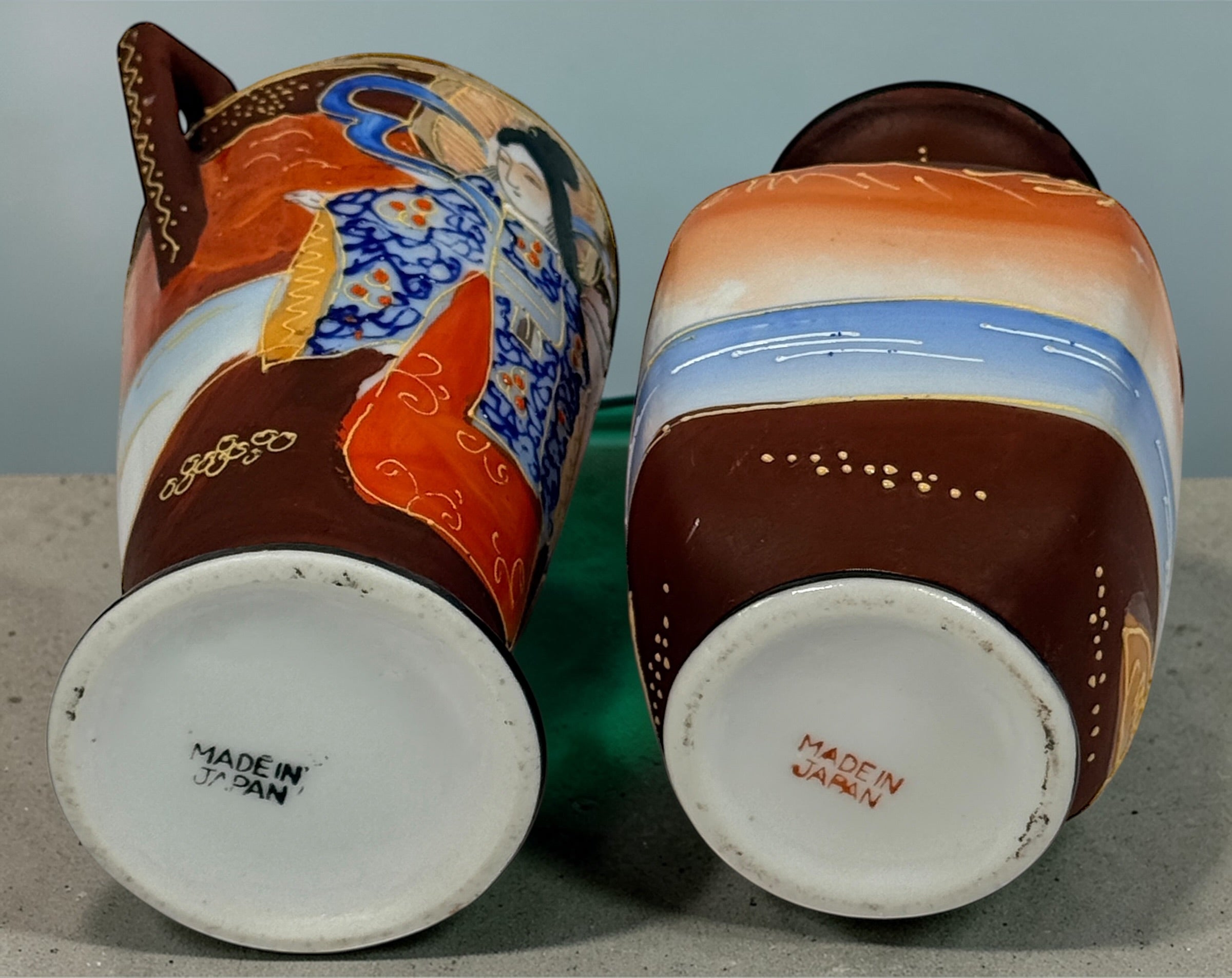 Vintage Japanese moriage geisha vase pair, 1920s–30s export ceramics with raised enamel detail. Decorative Asian décor collectible in good vintage condition.