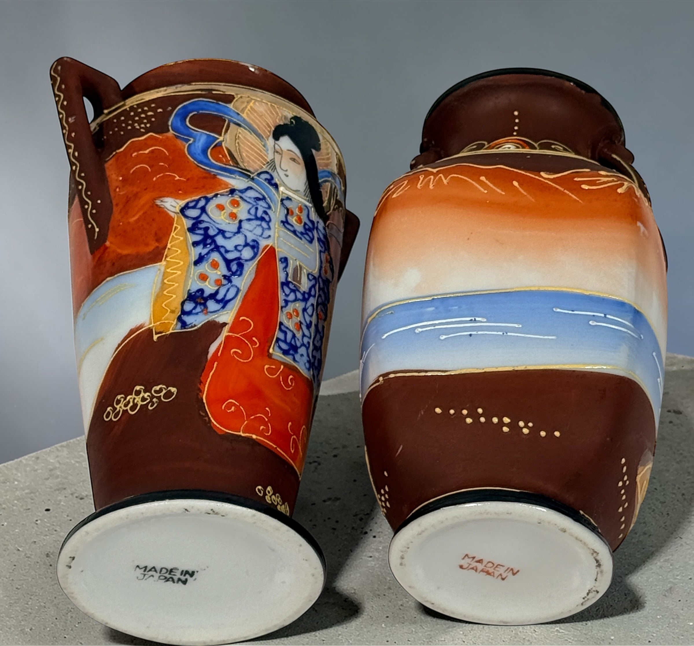 Vintage Japanese moriage geisha vase pair, 1920s–30s export ceramics with raised enamel detail. Decorative Asian décor collectible in good vintage condition.