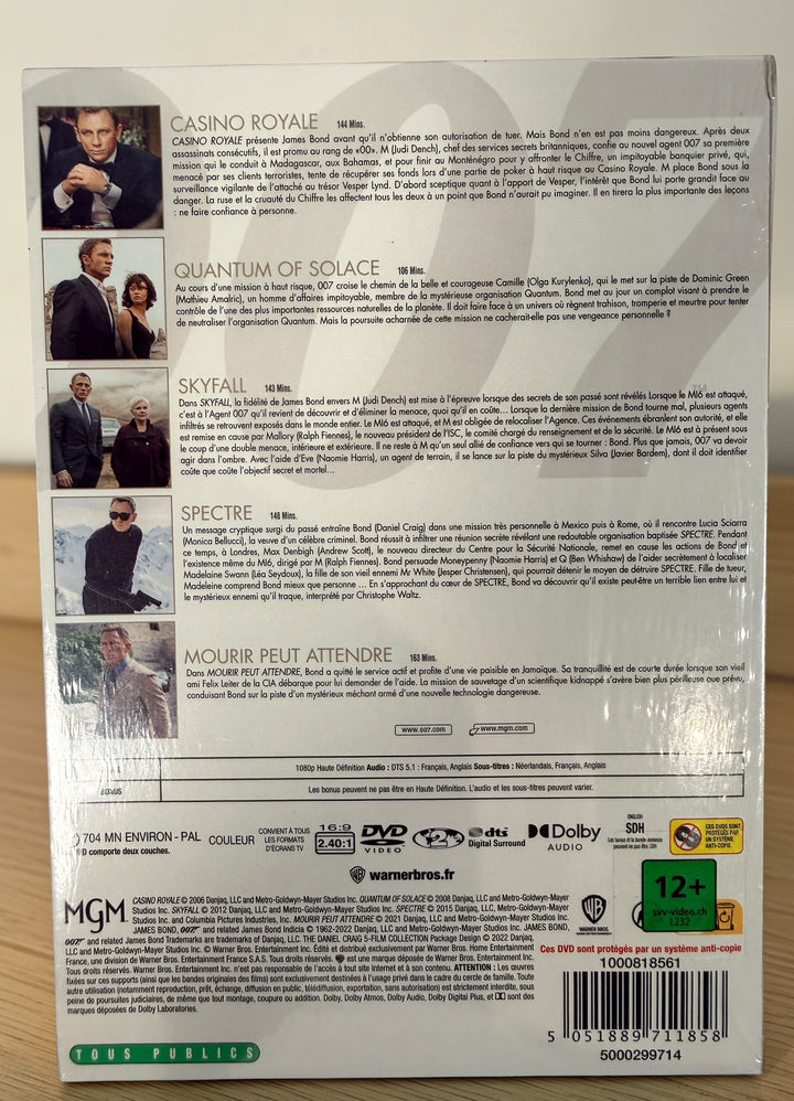 James Bond Daniel Craig Collection 5 film DVD set including Casino Royale, Skyfall and Spectre. Factory sealed 007 movie box set for collectors and fans.