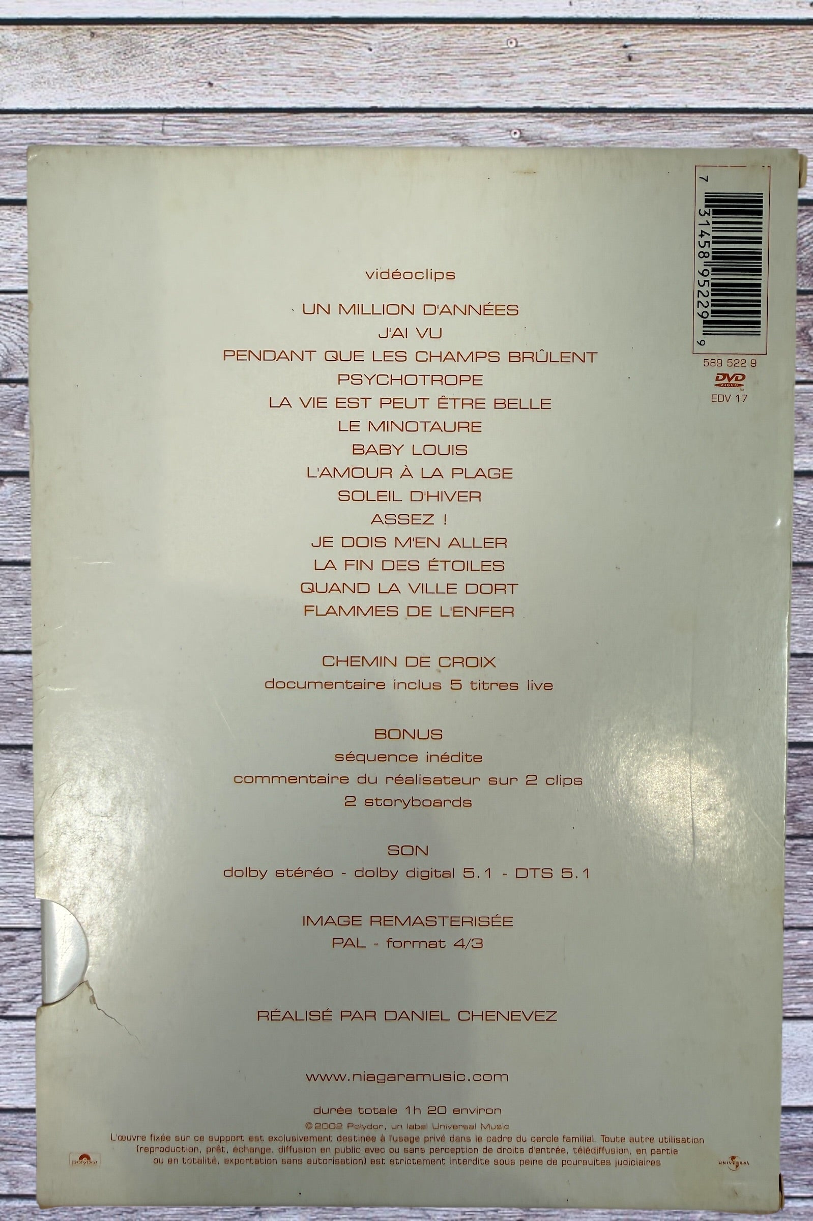 Niagara Flammes 2002 DVD featuring remastered videoclips, documentary and bonus content. PAL format French release with original insert included.