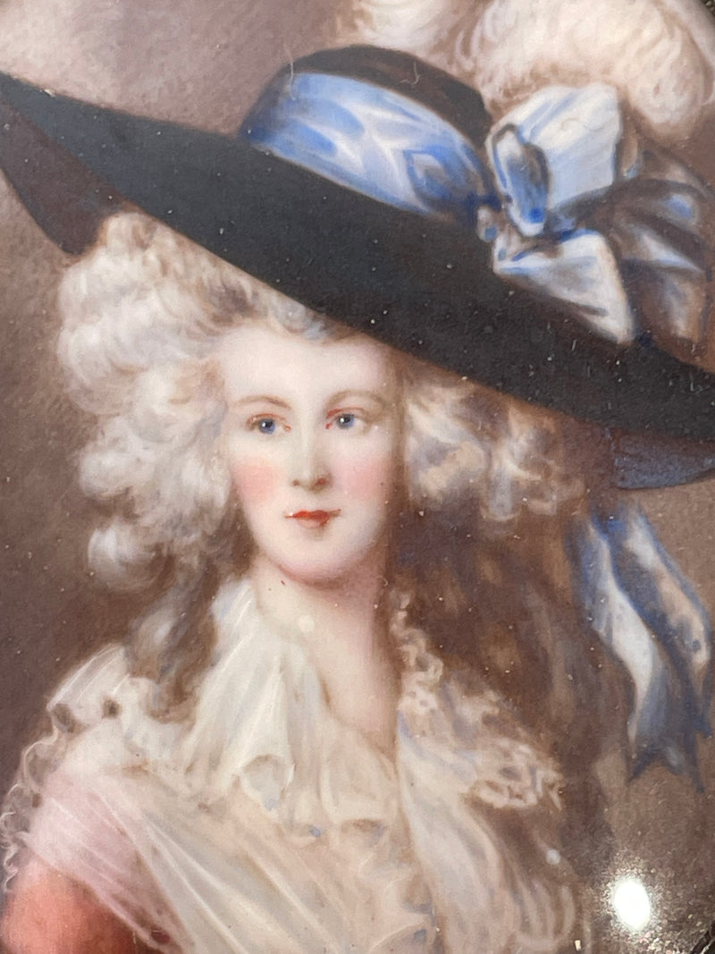 D'après Joshua Reynolds, portrait miniature antique d'une noble dame au chapeau.