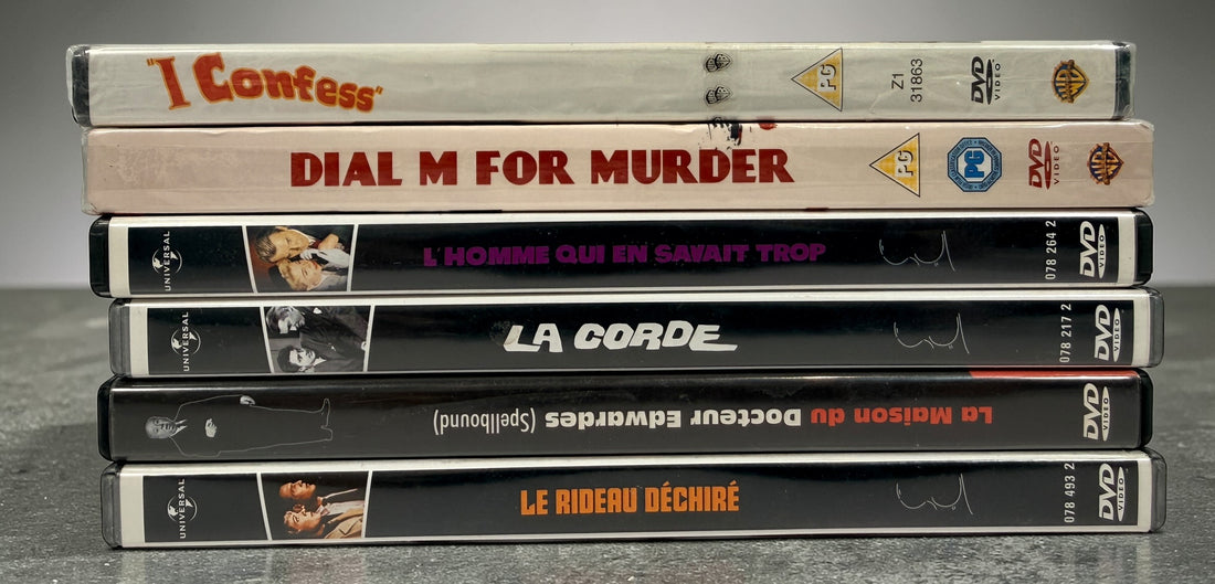 Six Alfred Hitchcock classics on DVD including Rope, Dial M for Murder, Spellbound and Torn Curtain. Universal Hitchcock Collection releases in good condition.