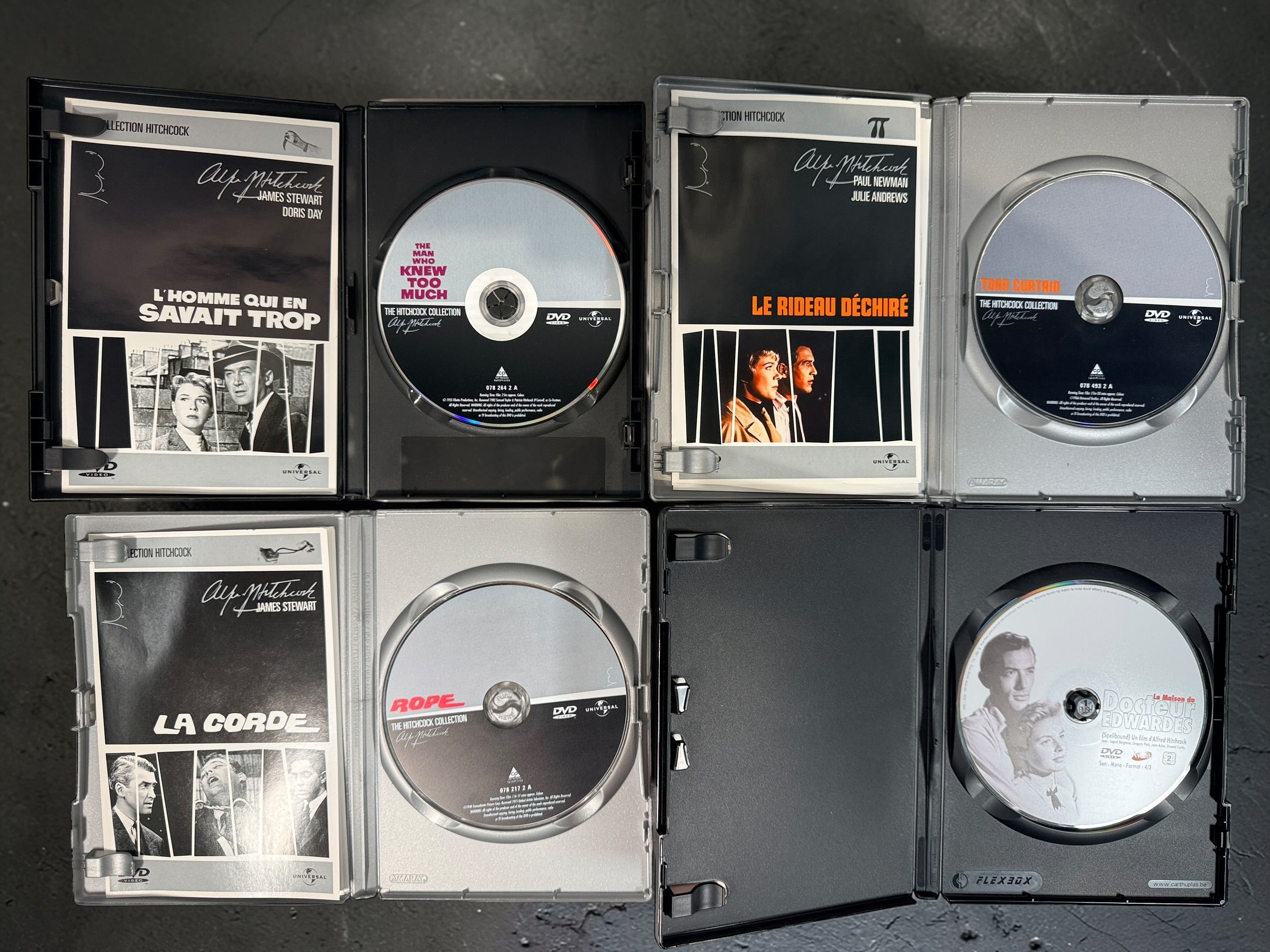 Six Alfred Hitchcock classics on DVD including Rope, Dial M for Murder, Spellbound and Torn Curtain. Universal Hitchcock Collection releases in good condition.