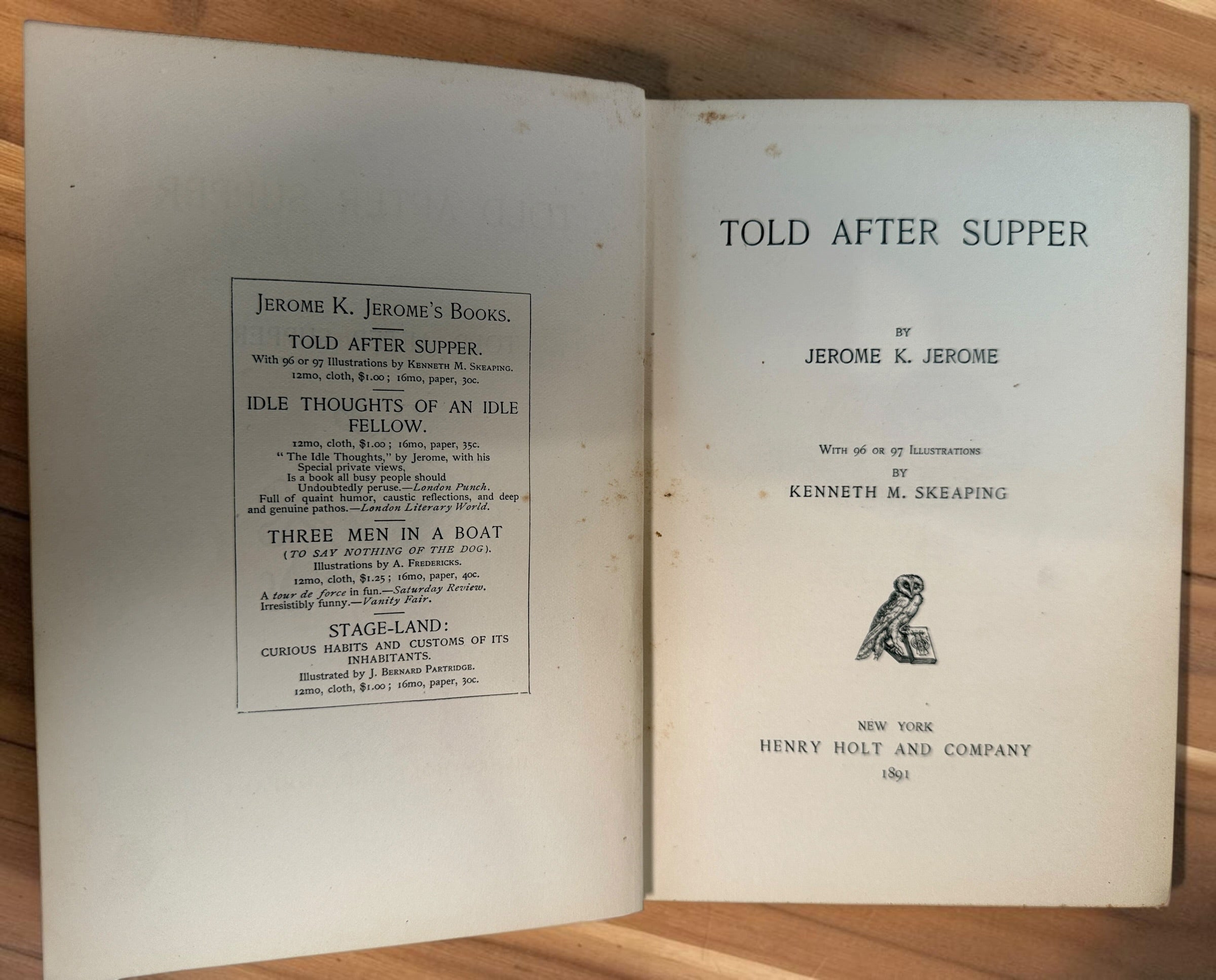 1891 Told After Supper by Jerome K. Jerome, Henry Holt First American Edition, illustrated by Kenneth M. Skeaping. Antique Victorian ghost story book.