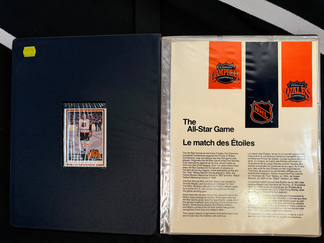 Complete 1990-91 Kraft NHL 112-card hockey set with vintage binder and bilingual inserts. Features Lemieux, Roy, Sakic, Bourque, Coffey and more.