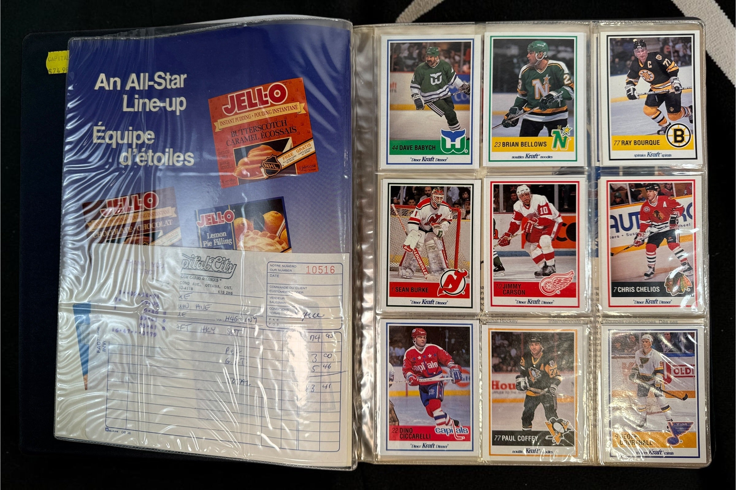 Complete 1990-91 Kraft NHL 112-card hockey set with vintage binder and bilingual inserts. Features Lemieux, Roy, Sakic, Bourque, Coffey and more.