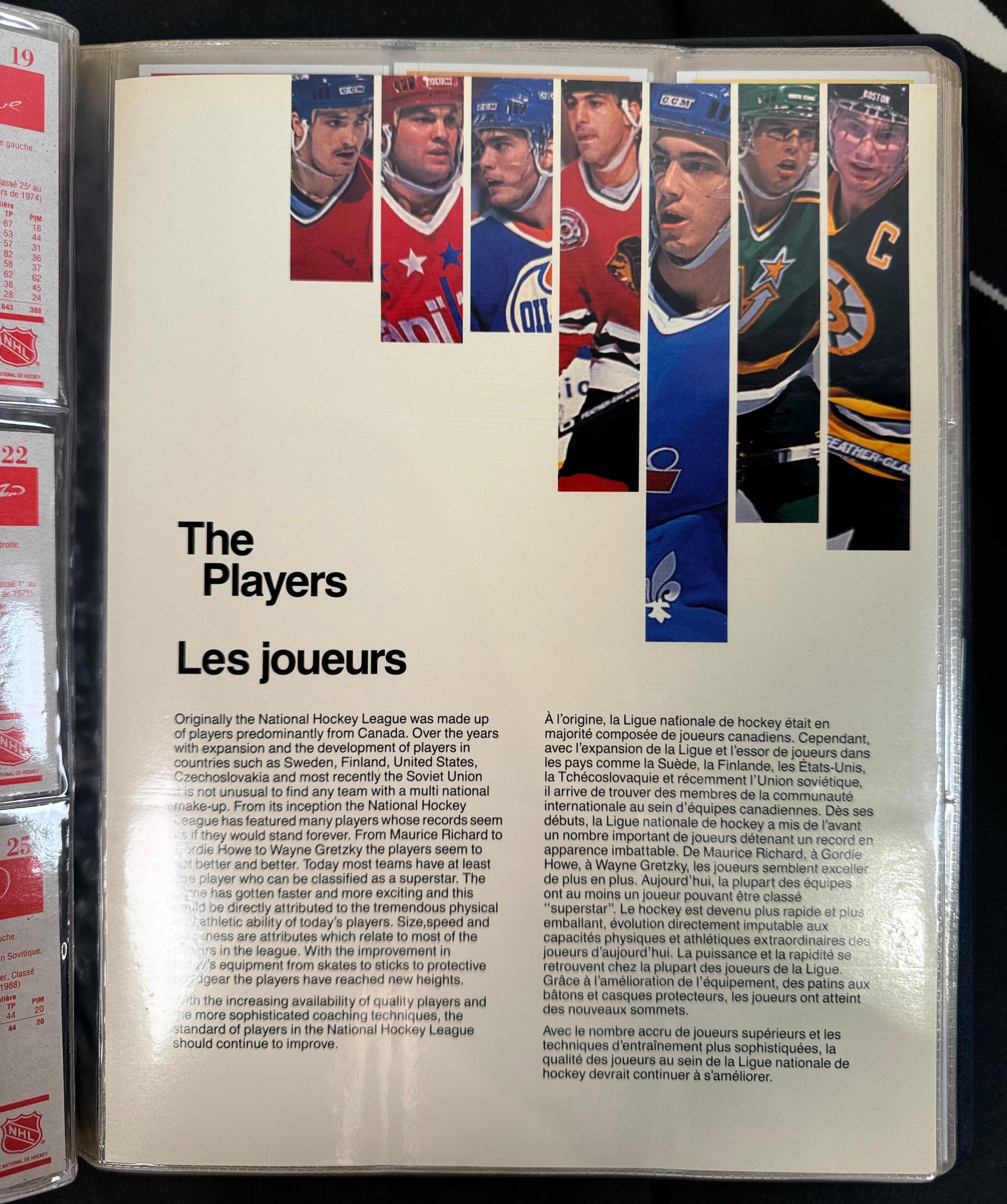 Complete 1990-91 Kraft NHL 112-card hockey set with vintage binder and bilingual inserts. Features Lemieux, Roy, Sakic, Bourque, Coffey and more.