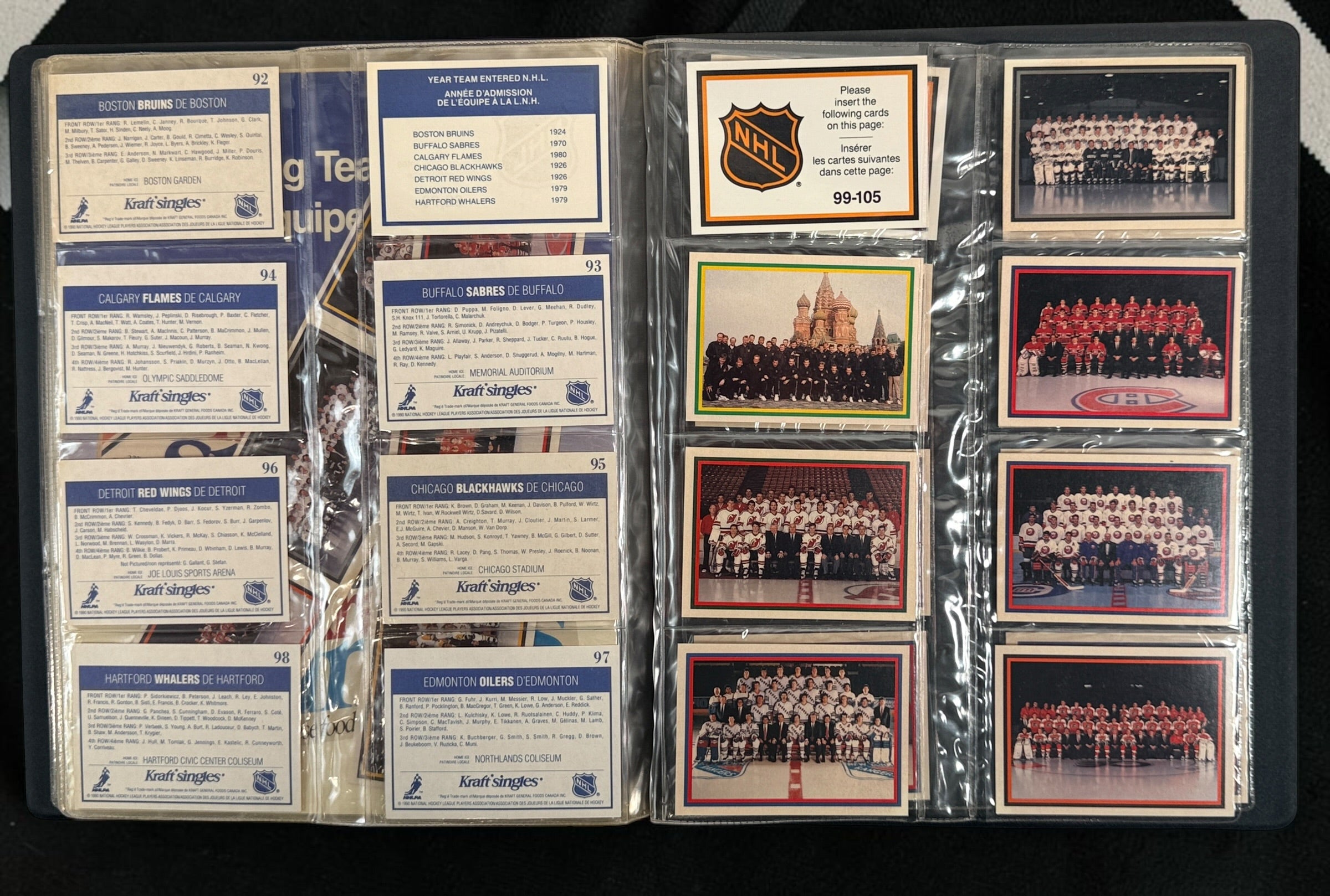 Complete 1990-91 Kraft NHL 112-card hockey set with vintage binder and bilingual inserts. Features Lemieux, Roy, Sakic, Bourque, Coffey and more.