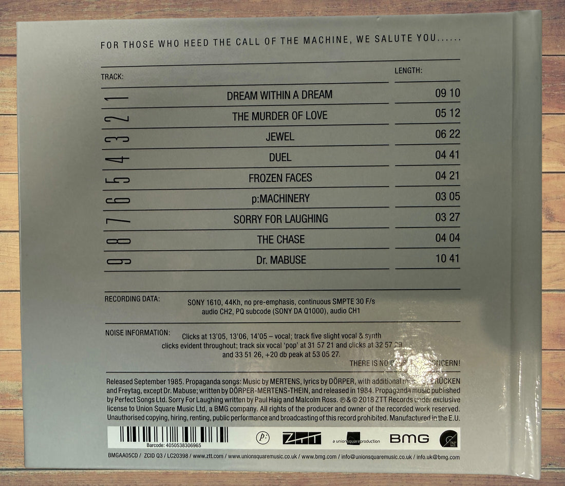 Propaganda Secret Wish 1985 CD reissue on ZTT Records. Classic 80s synth-pop featuring Dr. Mabuse and Dream Within a Dream. EU pressing in clean condition.